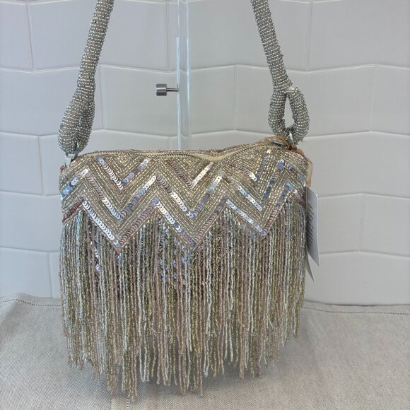Viral Beaded Fringe Gold Shoulder Bag - Zig Zag Chevron - Gold, Silver & Pink - Picture 1 of 13